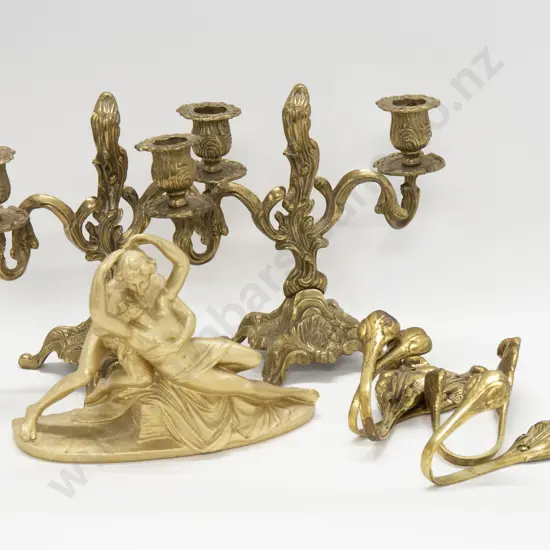 Pair of Brass 2 Light Candelabra Together With Decorative Coat Hooks etc.