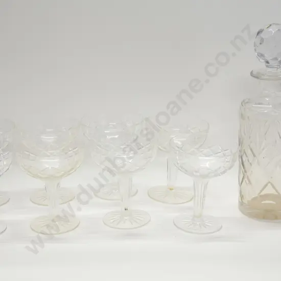 Pressed Glass Decanter Together With 8 Crystal Holo Stemmed Champagne Glasses