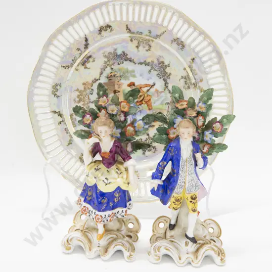 Pair of Porcelain Figures and Lustre Plate