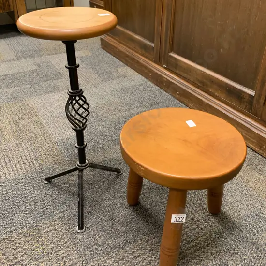 3 Legged Stool Together With Wine Table With Wrought Metal Base