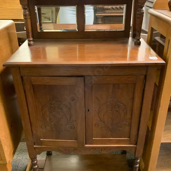 Small Carved Cabinet With Gallery and Mirrored Top