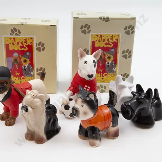 Two Sets of Dog Salt and Pepper Shakers Together With Two Dapper Dogs Figures