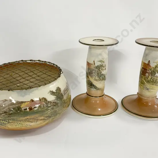 Two RD Country Scenes Candle Sticks Together With Rose Bowl (Hairline Fracture)