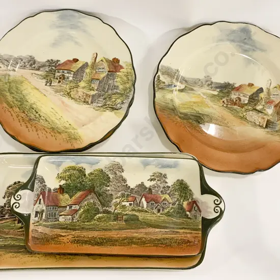Two RD Country Scenes Sandwich Trays Together With Four Plates
