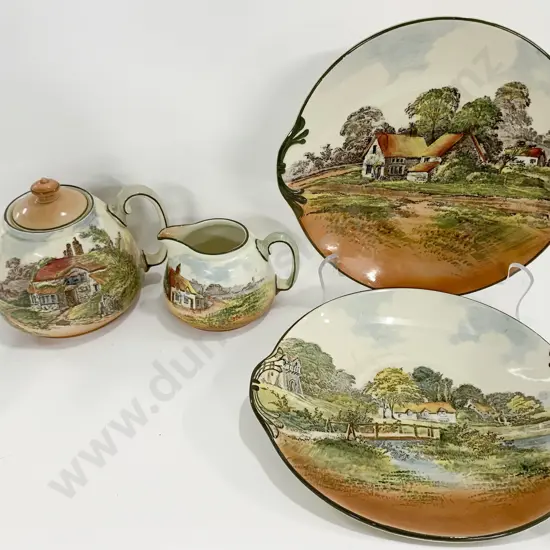 RD Country Scenes Tea Pot and Milk Jug Together With Two Plates