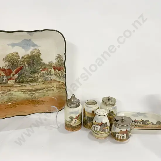 Five RD Country Scenes Condiment Containers Together With Vase and Two Plates