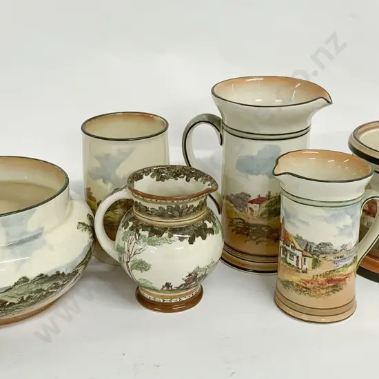 Three RD Country Scenes Jugs and Bowl Together With Vase and Jar