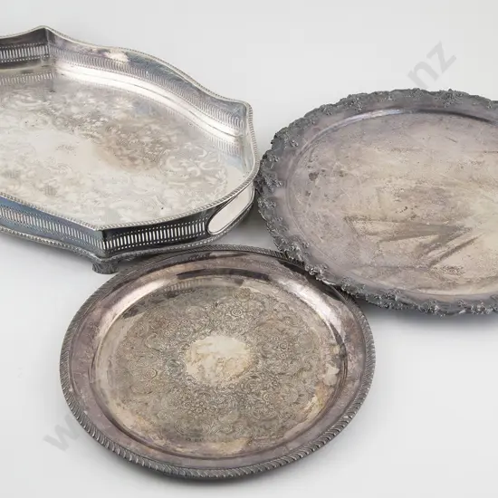 S/P Galleried Drinks Tray & 2 Circular Salvers Together With Double Handled Tray