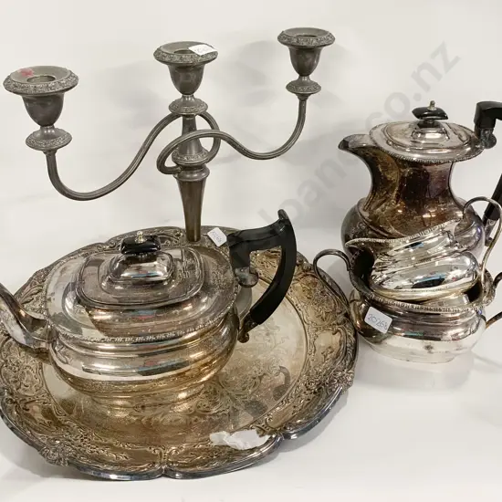 Four Piece S/P Tea Set Together With Candelabra and Circular Tray