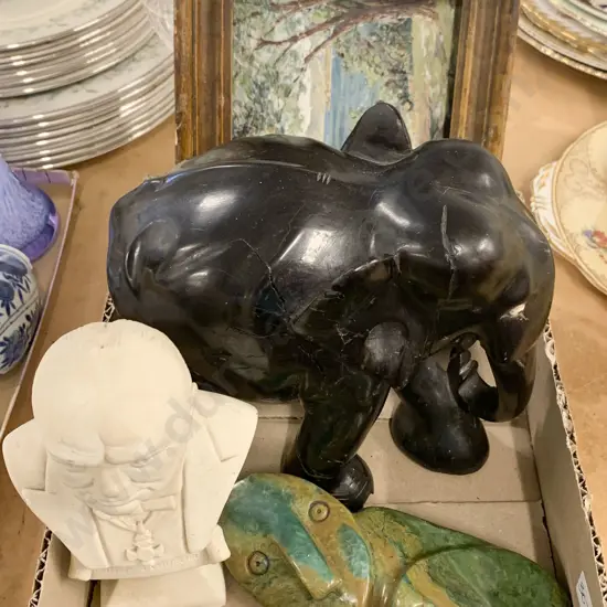 Small Box Including Small Bust of Winston Churchill and Ebonized Elephant (Missing Tusks) etc.