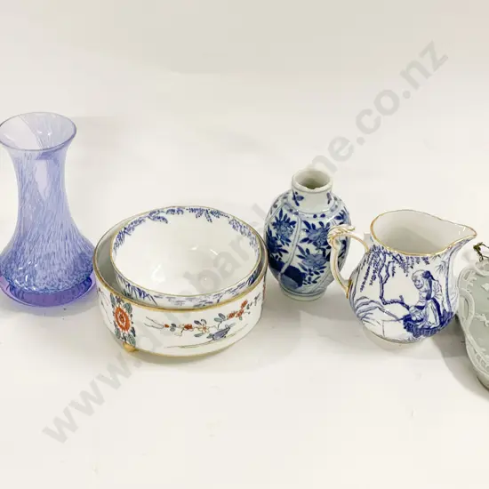 Small Qty of Assorted Including RCD Sugar and Cream With Two Small Art Glass Vases