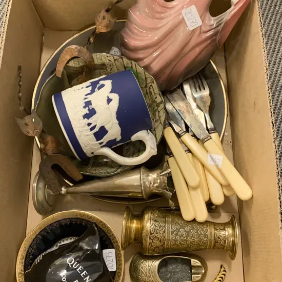 Box of Assorted Including RD Bowl Jasper Ware Mug With Cutlery and Various Brass Ware