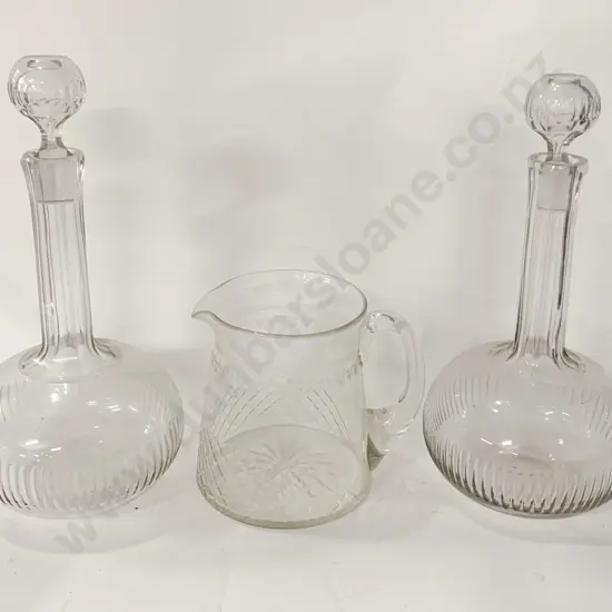 Pair of Decanters and Etched Jug