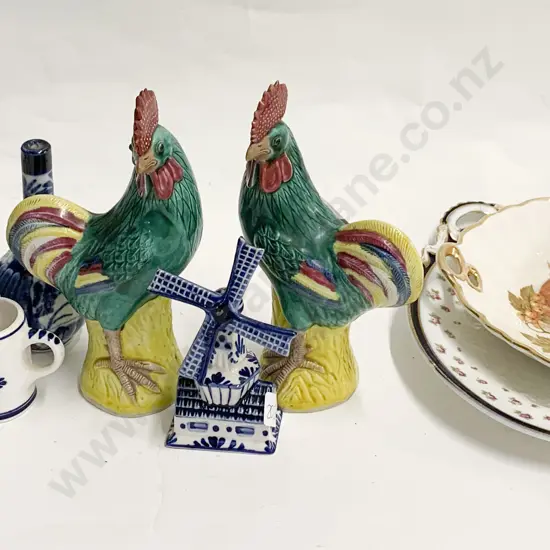 Qty of Assorted China and Ornaments Including Pair of Ceramic Roosters
