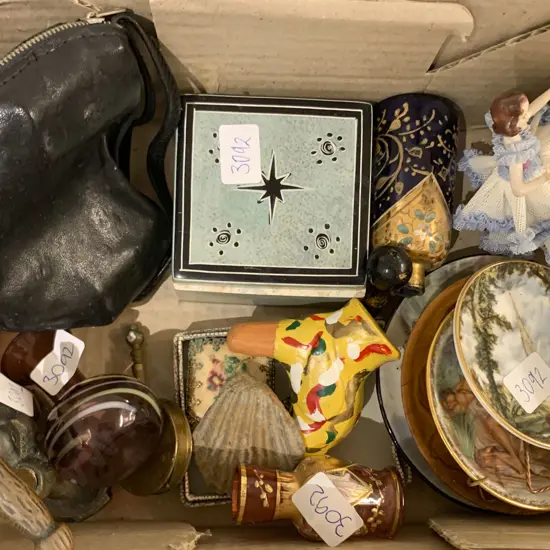 Small Box of Assorted Including Opera Glasses Dresden Figure Miniatures etc.