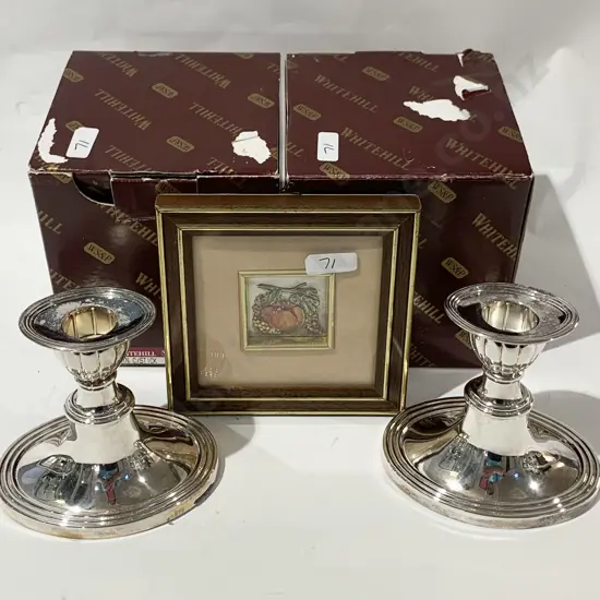 Two Boxed Whitehill S/P Candle Sticks Together With Small Framed Work