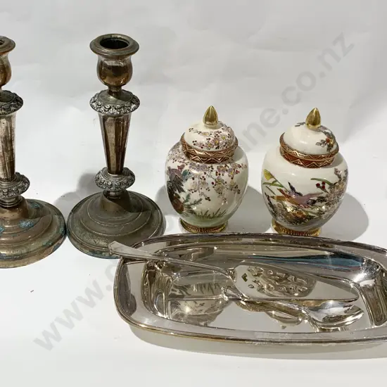 Pair of Small Asian Vases Together With Pair of S/P Candle Sticks and Assorted