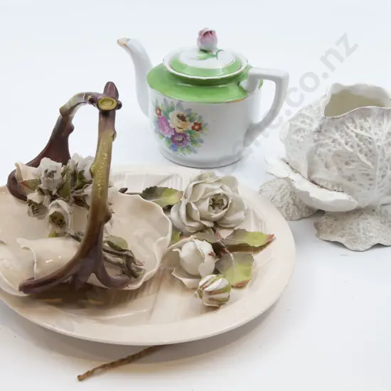 Floral Form Plate and Basket Together With Rose Bowl and Tea Pot