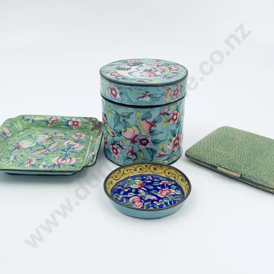 Three Small Chinese Enamel Pieces and Shagreen Case