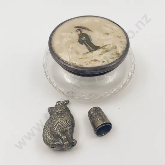 Small S/S Cat Form Baby Rattle Together With Two Thimbles in S/S Topped Powder Bowl