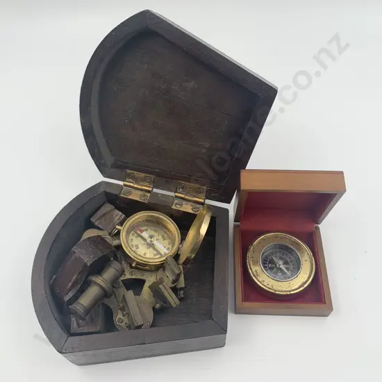 Repro Brass Sextant in Case Together With Two Compasses