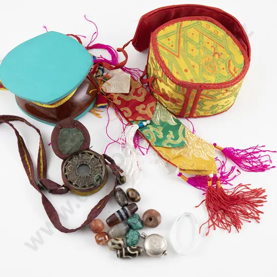 Tibetan Damaru ( Ritual Drum) together with a small Gau and Tibetan Beads