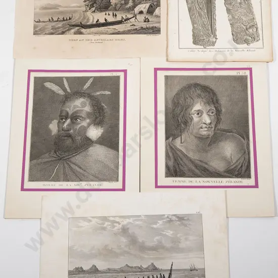 Five 18th Century engravings from the French account of Cooks first voyage. Dorf An Der Astrolabe Bucht