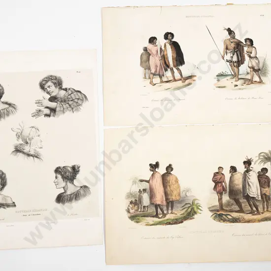 Three 18th Century hand coloured engravings from the French account of Cooks First Voyage Nouvelle- Zelande