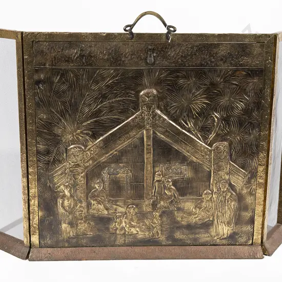 NZ Brass Fire Screen decorated with a Wharenui