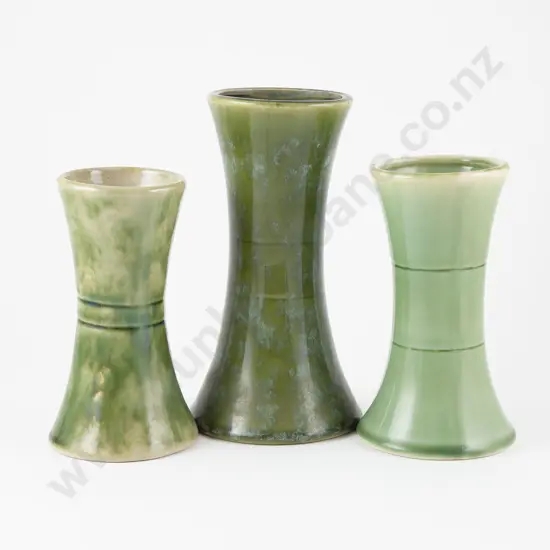 Temuka Potteries & Timaru Potteries Three Green Spill Vases