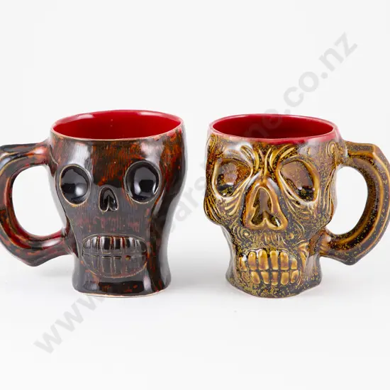 Two Ceramic Glazed Skull Mugs
