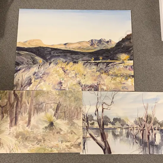 Three Les Finch Watercolour landscapes unframed