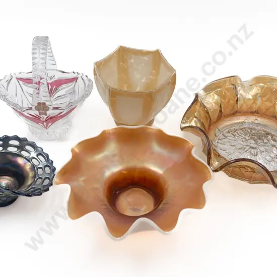 Three Carnival Glass Dishes Together With Two Others