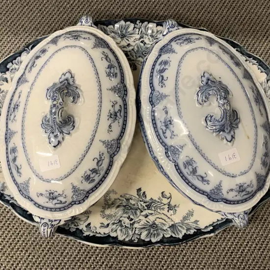 Pair Blue and White Terrines and Meat Plate