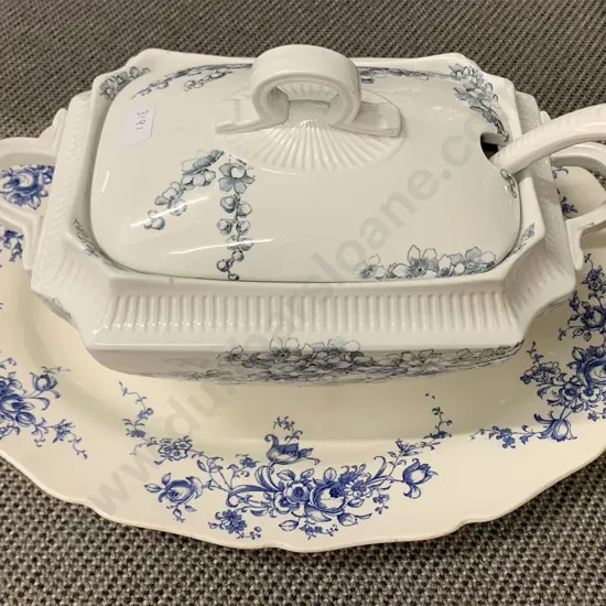 Victorian Blue and White Soup Terrine and Ladle and Meat Plate