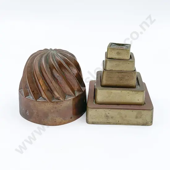 Victorian Copper Jelly Mold and Five Graduated Brass Weights