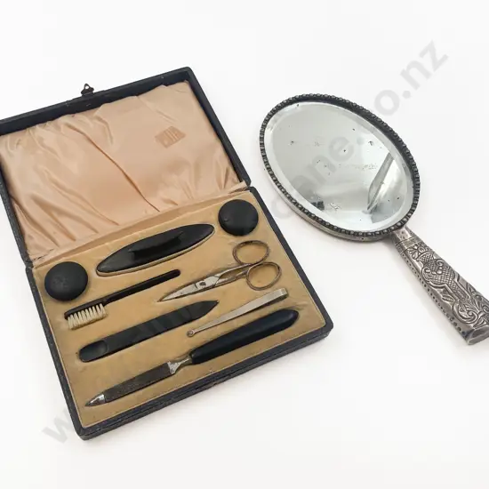 Victorian S/S Dressing Hand Mirror Together With Manicure Set