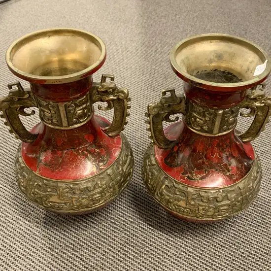 Pair of Asian Brass Vases (One A/F)