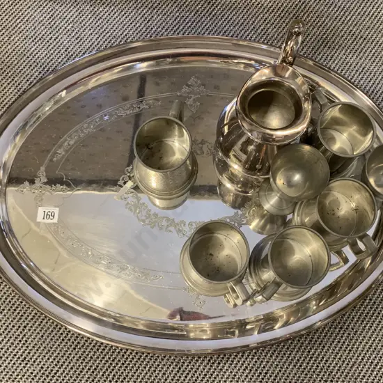 Large Oval Double Handled S/P Tray with Jug and Assorted Pewter