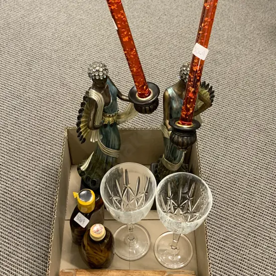 Box of Assorted Including Figural Candle Holders and Ornaments Etc