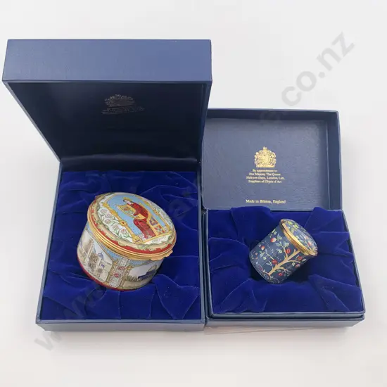 Two Halcyon Days Enamels Small Commemorative Trinket Boxes