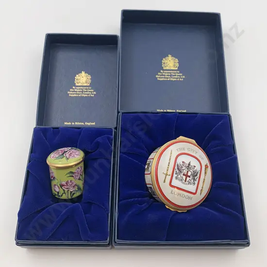 Two Halcyon Days Enamels Small Commemorative Trinket Boxes