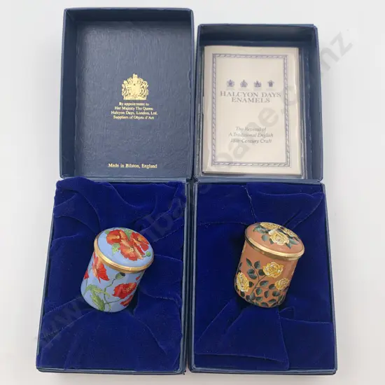 Two Halcyon Days Enamels Small Commemorative Trinket Boxes