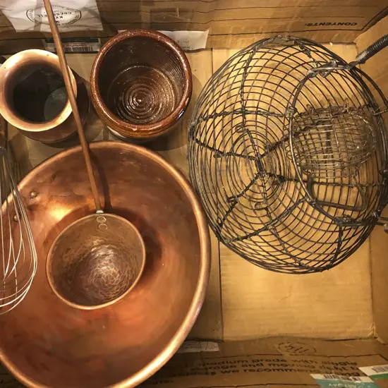 Quantity of Assorted Metal Ware Including Copper Bowl and Ladle