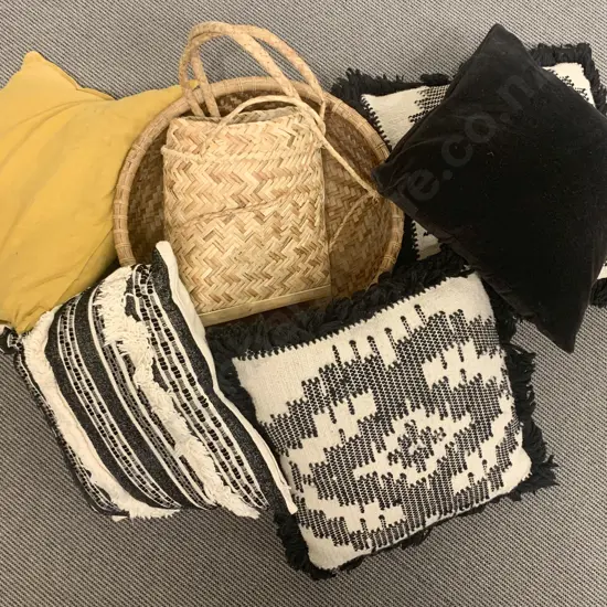 Box of Assorted Cushions and Woven Baskets etc.