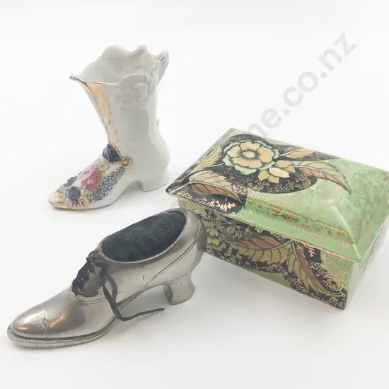 Luster Ceramic Trinket Box Together with Two Shoe Ornaments