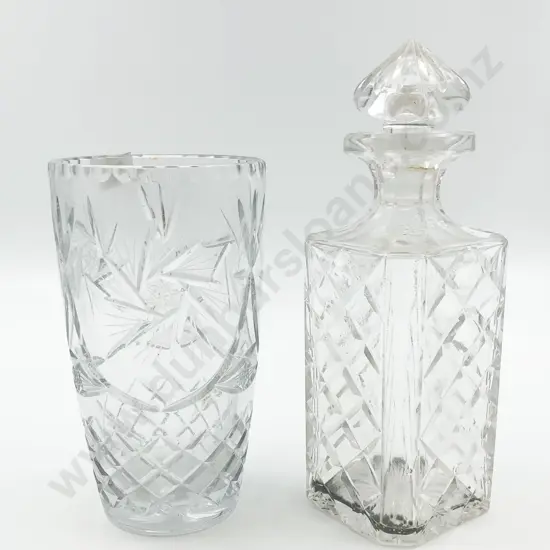 Pressed Glass Decanter Together with crystal Vase