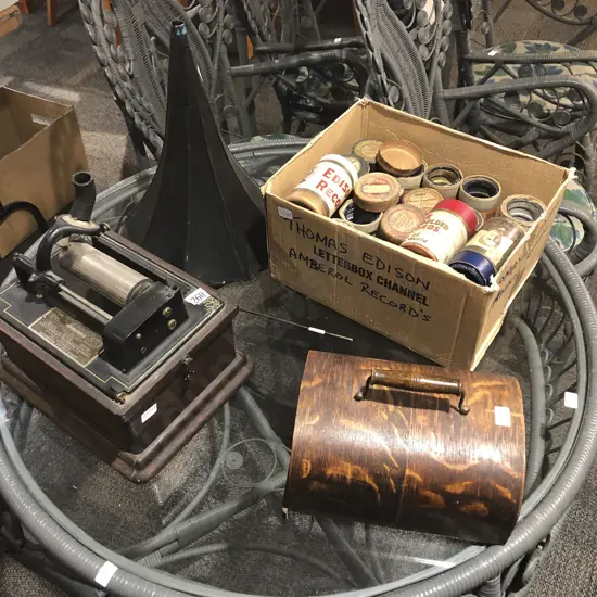 Edison Fireside Phonograph In Case Together with Box of Assorted Edison Rolls