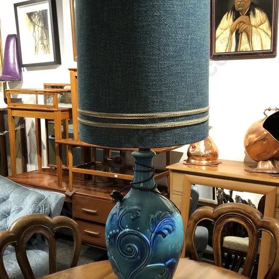 Large Blue Glazed Pottery Lamp and Shade