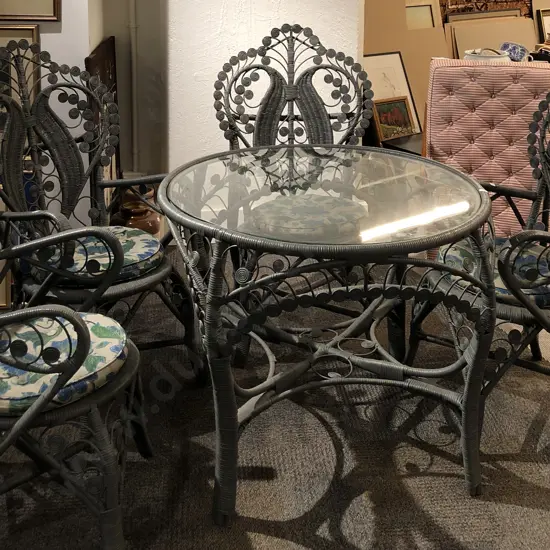 Grey Painted Glass Top Wicker Table Together with Four Conservatory Chairs